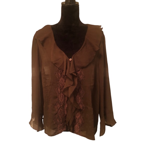 New York Designs Separates Brown Sheer Ruffle Front Blouse size XL - Picture 3 of 7